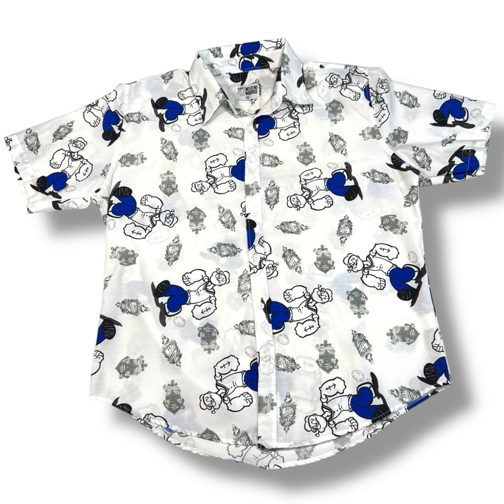 Weekend Warrior Popeye The Sailor Man AOP Graphic Button Up Mens Size XL (READ)